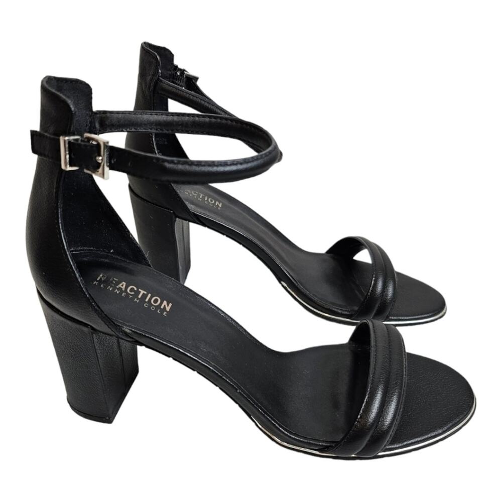Kenneth Cole Reaction Womens Lolita Black Leather Open Toe Ankle Strap Size 10